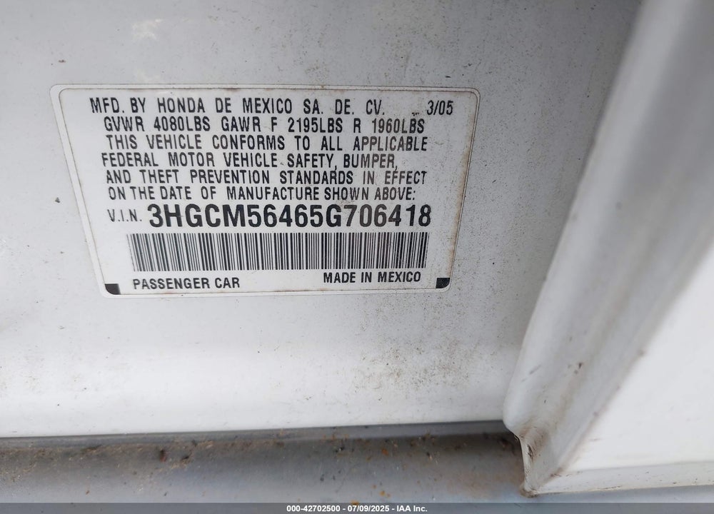 2004 HONDA ACCORD VIN: 3HGCM56384G708919