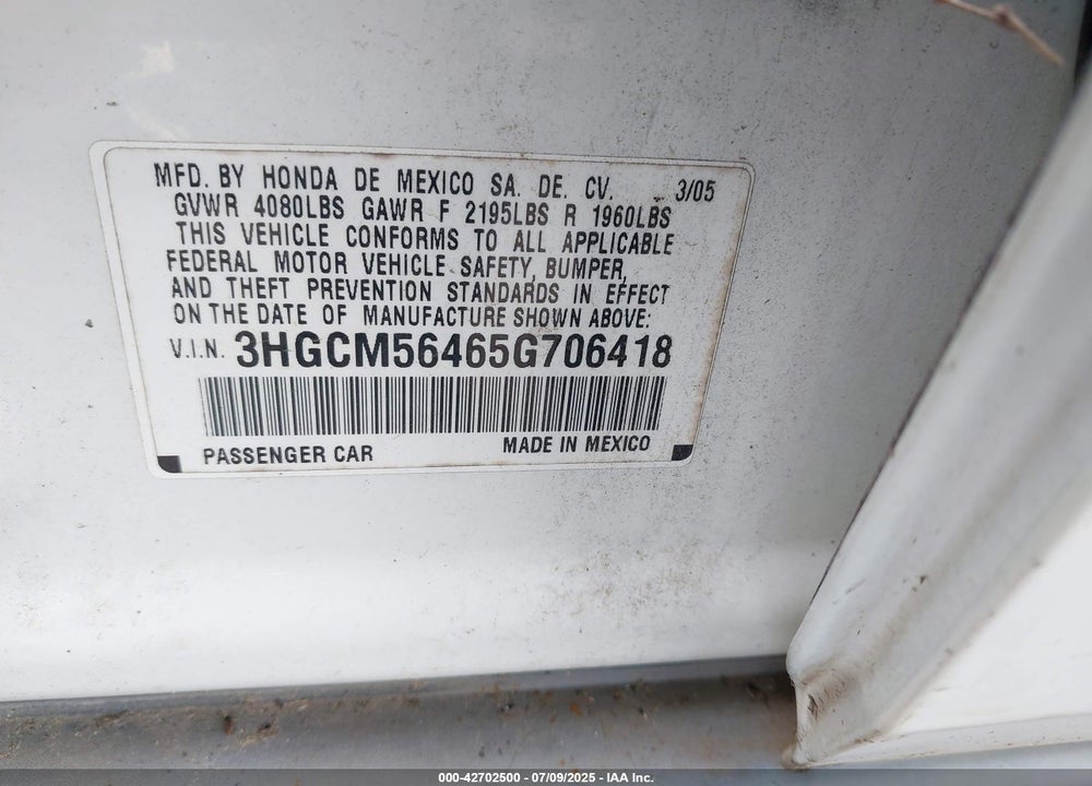 2004 HONDA ACCORD VIN: 3HGCM56384G708919