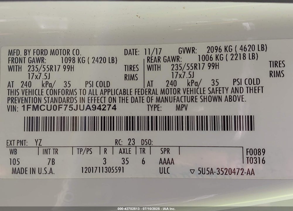 2018 FORD ESCAPE VIN: 1FMCU0F75JUA94274