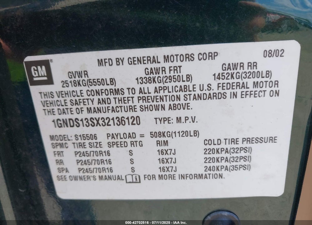 2003 CHEVROLET TRAILBLAZER LS VIN: 1GNDS13SX32136120