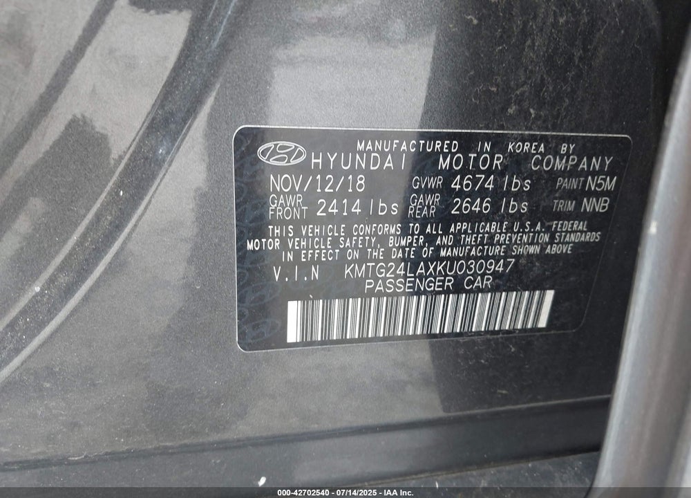 2019 GENESIS G70 VIN: KMTG24LAXKU030947