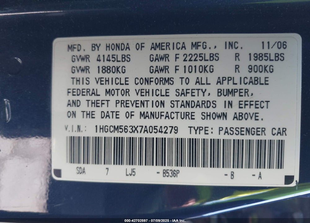 2007 HONDA ACCORD 2.4 SE VIN: 1HGCM563X7A054279