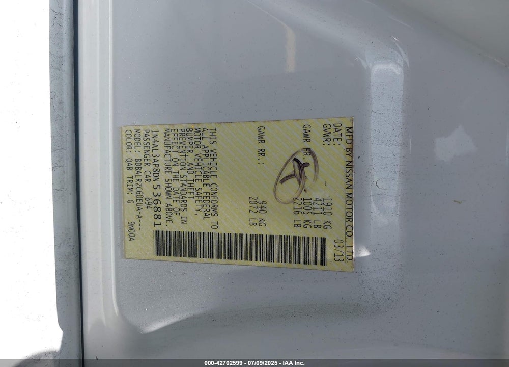 2013 NISSAN ALTIMA VIN: 1N4AL3AP8DN536881
