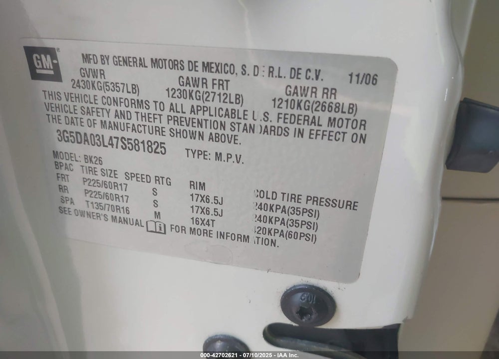 2007 BUICK RENDEZVOUS VIN: 3G5DA03L47S581825