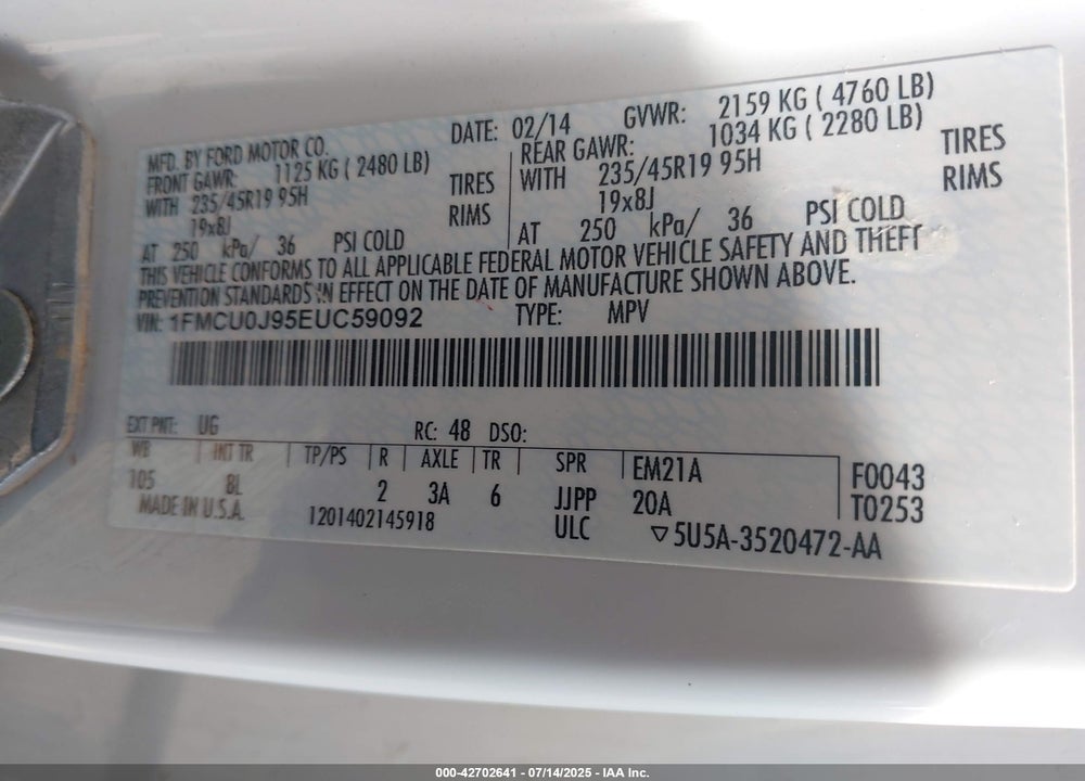 2014 FORD ESCAPE VIN: 1FMCU0J95EUC59092