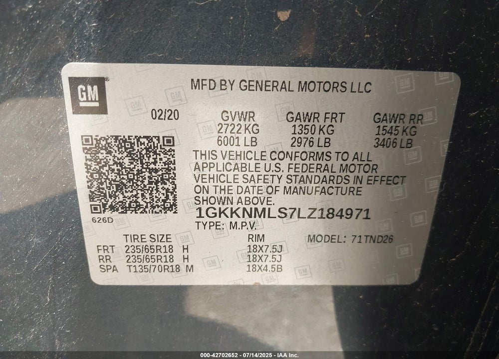 2020 GMC ACADIA VIN: 1GKKNMLS7LZ184971