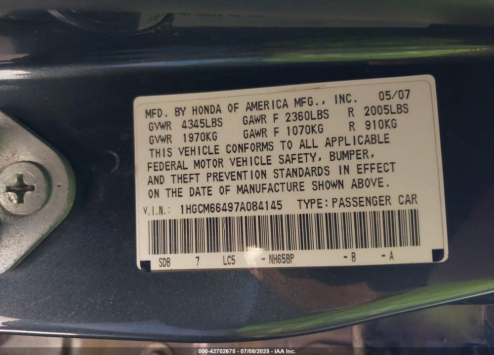 2007 HONDA ACCORD 3.0 SE VIN: 1HGCM66497A084145