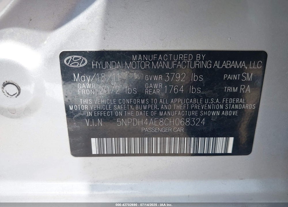 2012 HYUNDAI ELANTRA VIN: 5NPDH4AE8CH068324