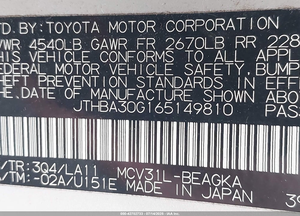 2006 LEXUS ES 330 VIN: JTHBA30G165149810