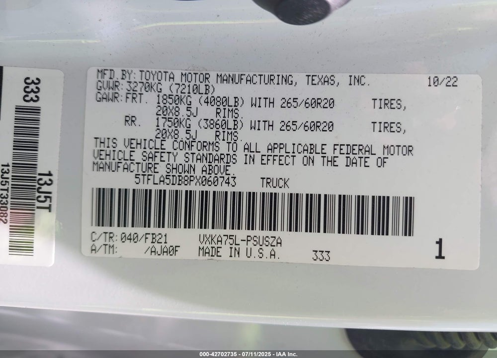 2023 TOYOTA TUNDRA SR5 VIN: 5TFLA5DB8PX060743