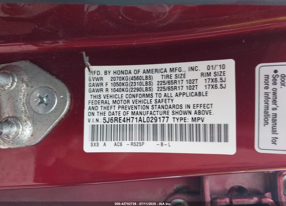 2010 HONDA CR-V VIN: 5J6RE4H71AL029177