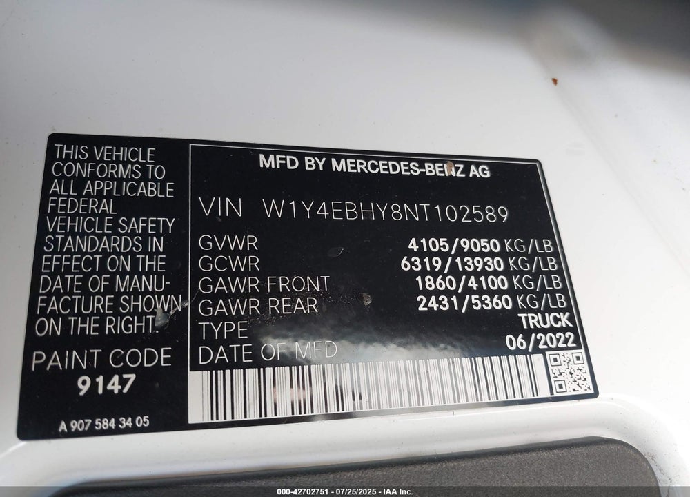 2022 MERCEDES-BENZ SPRINTER 2500 VIN: W1Y4EBHY8NT102589