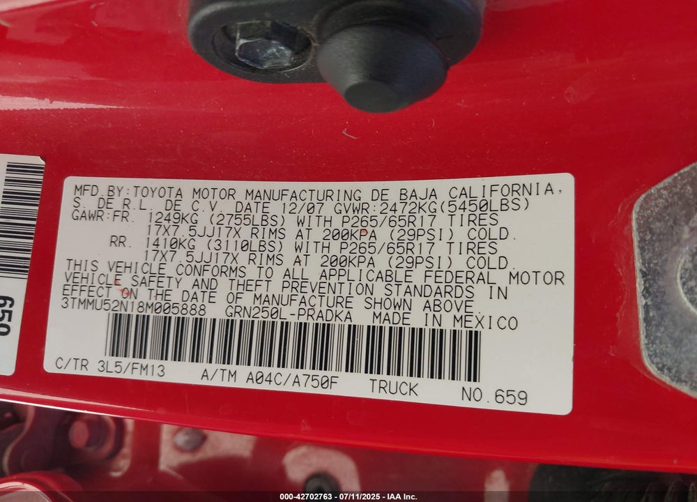 2008 TOYOTA TACOMA BASE V6 VIN: 3TMMU52N18M005888