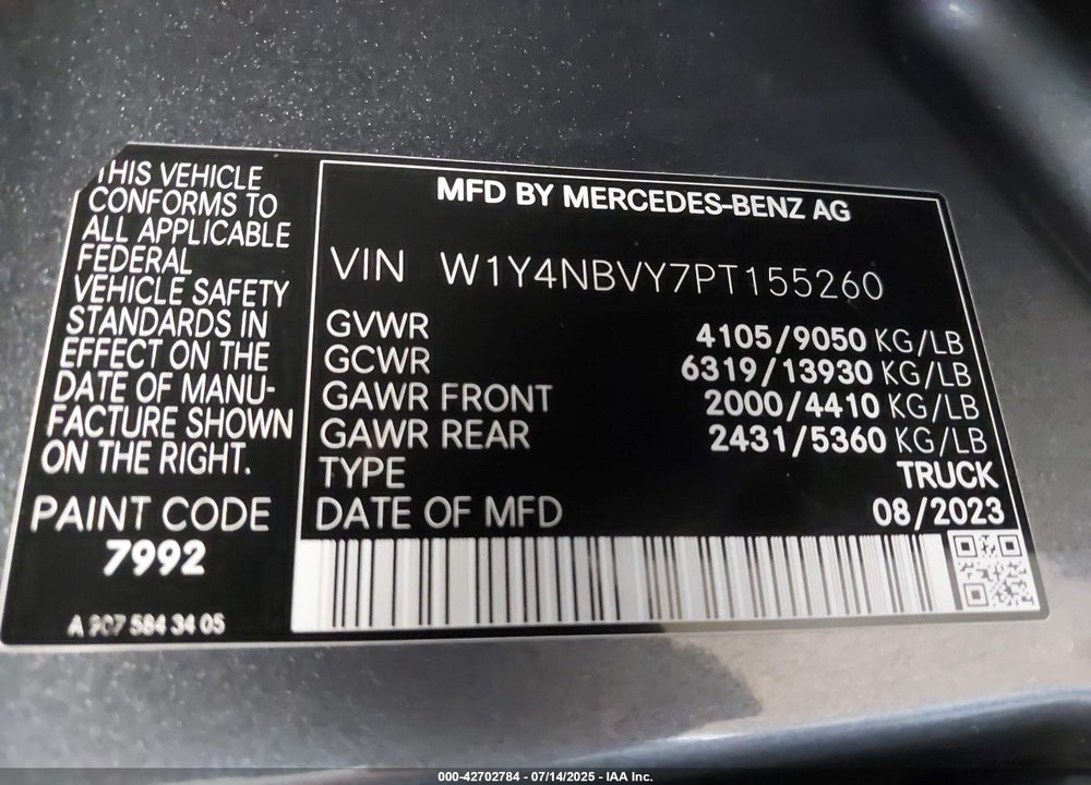 2023 MERCEDES-BENZ SPRINTER 2500 STANDARD ROOF 4-CYL DIESEL HO VIN: W1Y4NBVY7PT155260