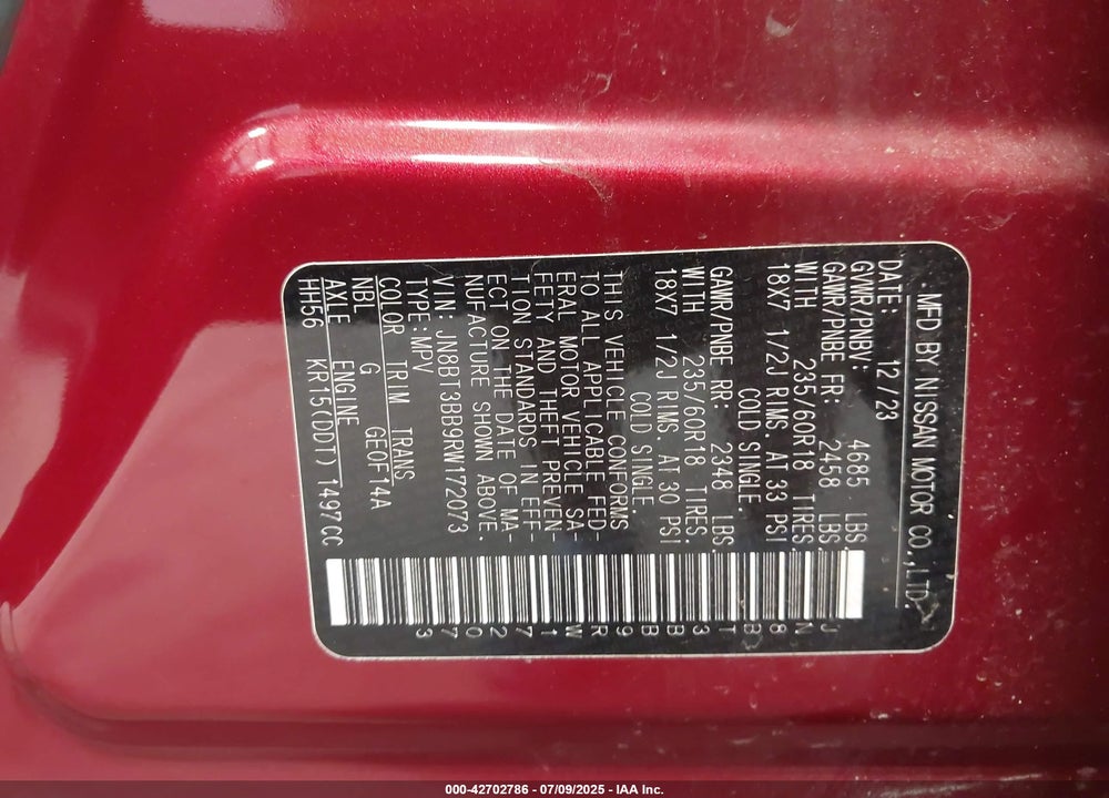 2024 NISSAN ROGUE VIN: JN8BT3BB9RW172073