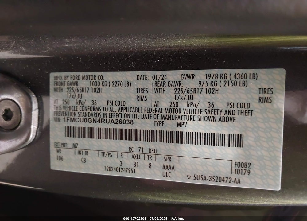 2024 FORD ESCAPE ACTIVE VIN: 1FMCU0GN4RUA26038