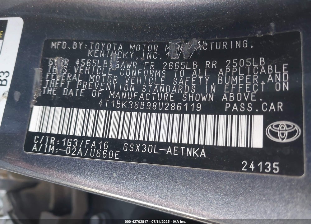 2008 TOYOTA AVALON XL VIN: 4T1BK36B98U286119