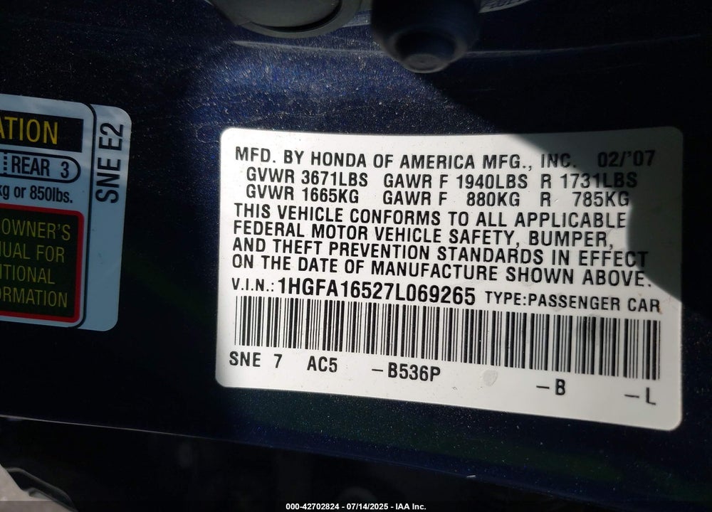 2007 HONDA CIVIC VIN: 1HGFA16527L069265