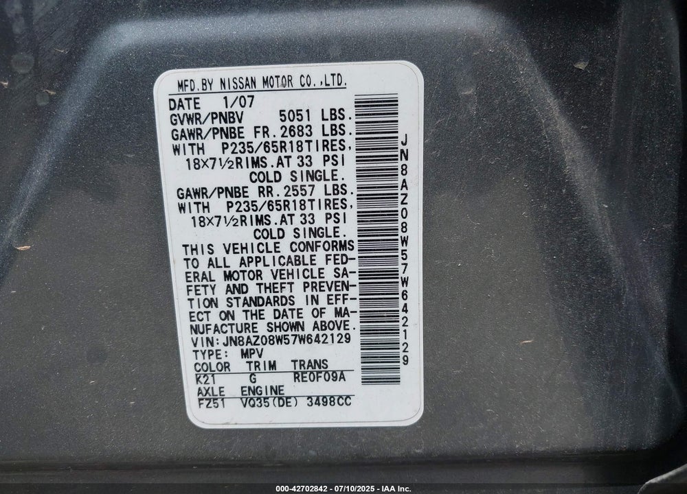 2007 NISSAN MURANO VIN: JN8AZ08W57W642129