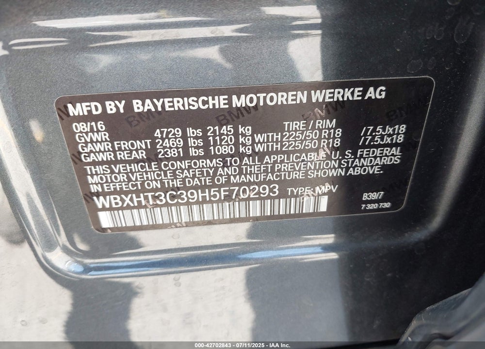 2017 BMW X1 VIN: WBXHT3C39H5F70293