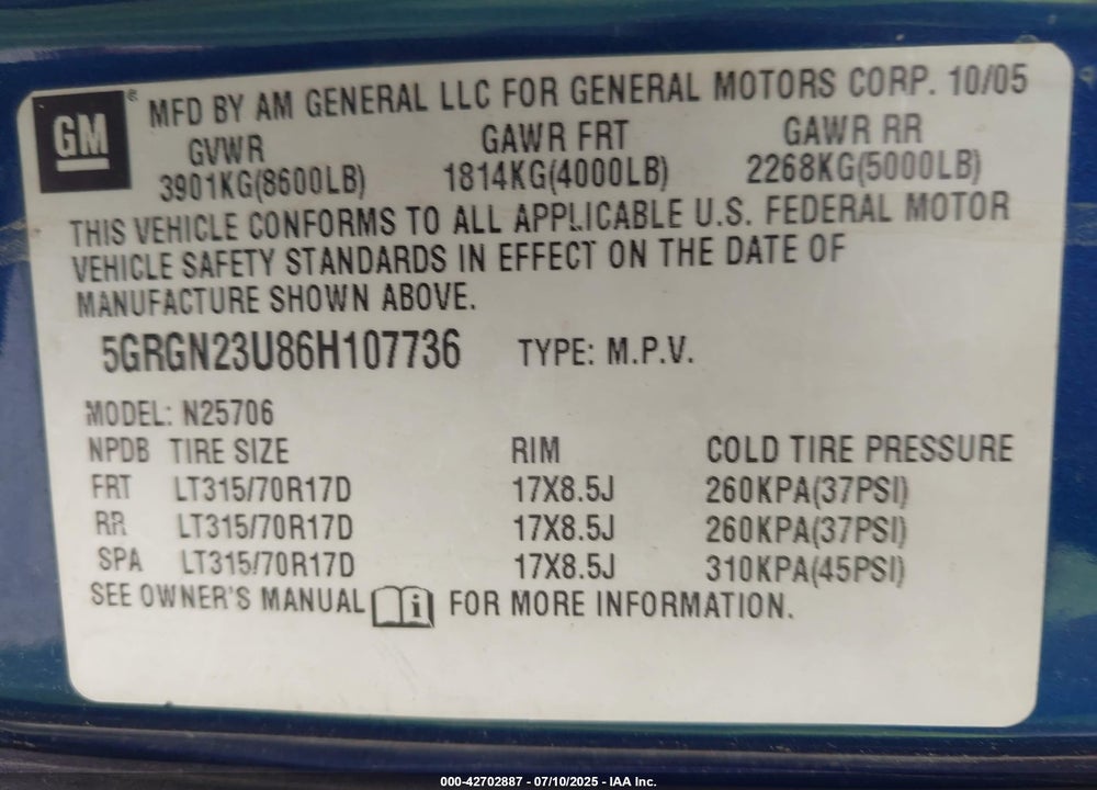 2006 HUMMER H2 VIN: 5GRGN23U86H107736