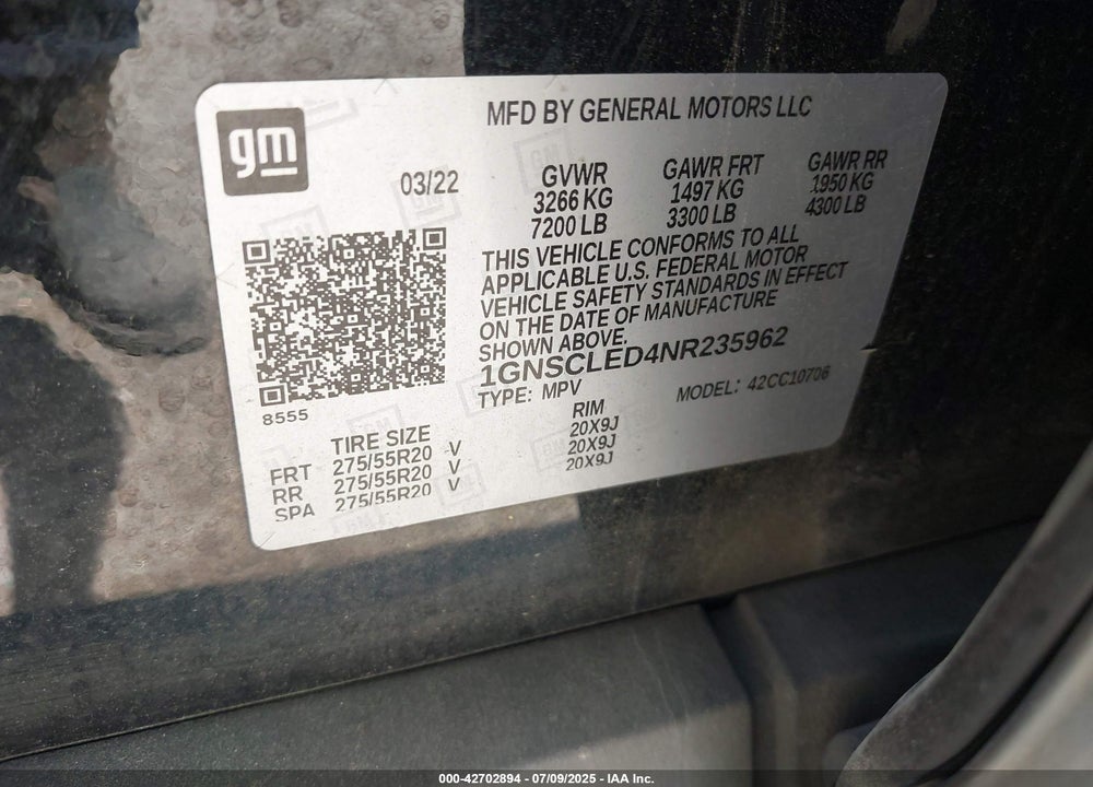 2022 CHEVROLET TAHOE VIN: 1GNSCLED4NR235962