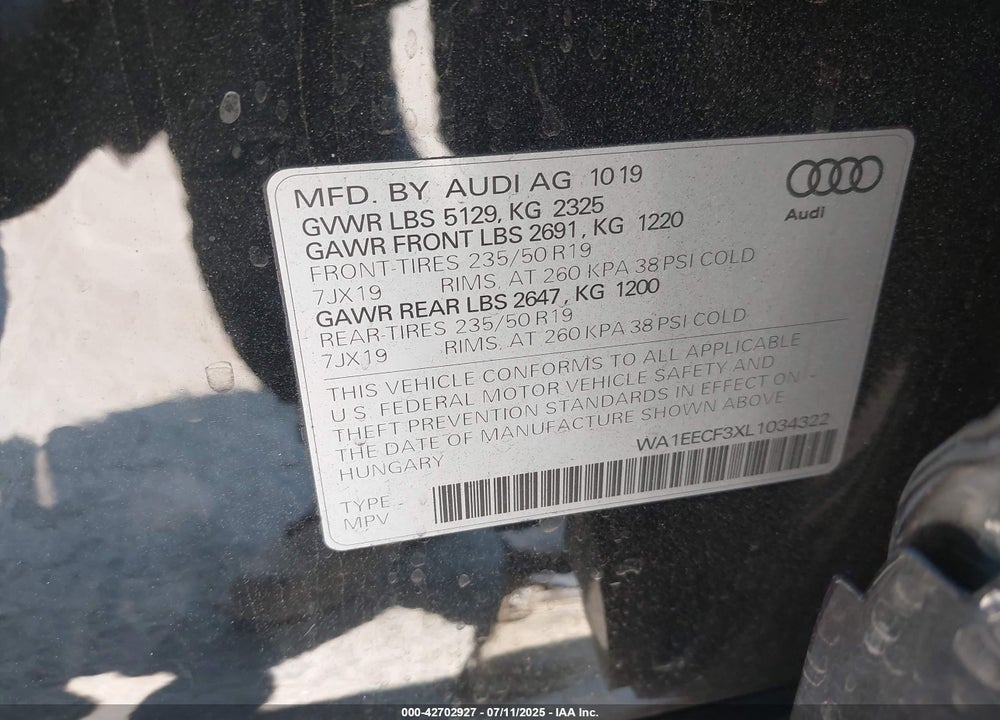 2020 AUDI Q3 VIN: WA1EECF3XL1034322