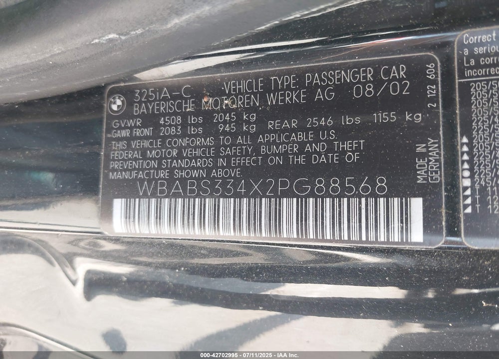 2002 BMW 325CI VIN: WBABS334X2PG88568