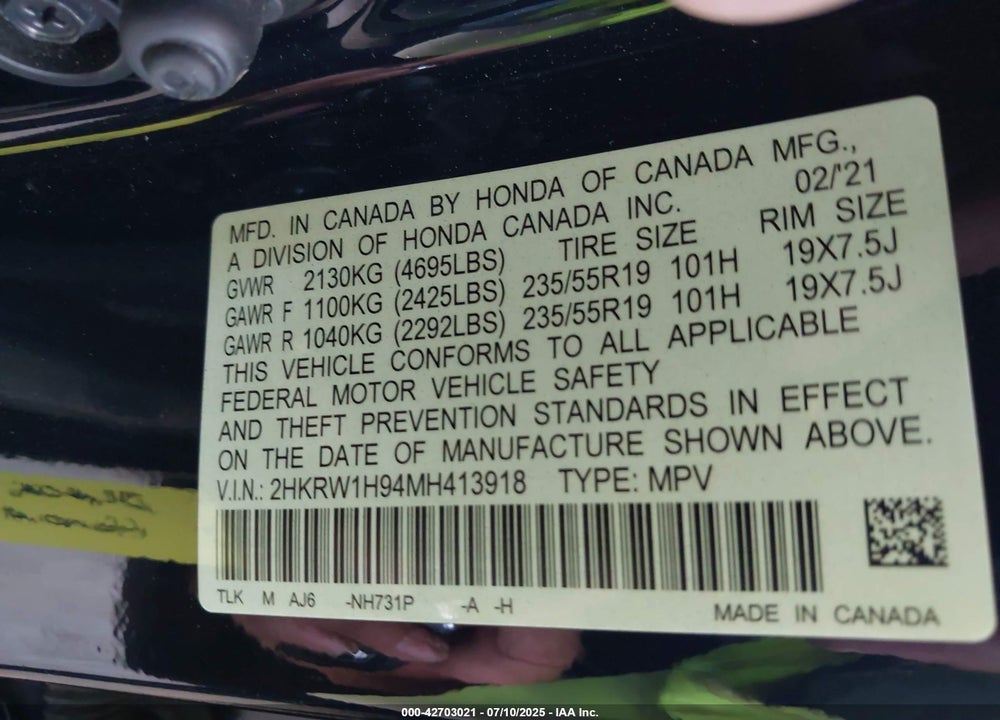 2021 HONDA CR-V VIN: 2HKRW1H94MH413918
