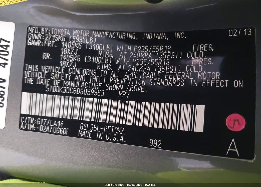 2013 TOYOTA SIENNA LIMITED 7 PASSENGER VIN: 5TDDK3DC6DS059963