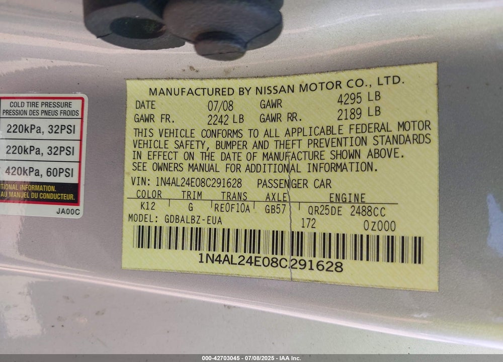 2008 NISSAN ALTIMA VIN: 1N4AL24E08C291628