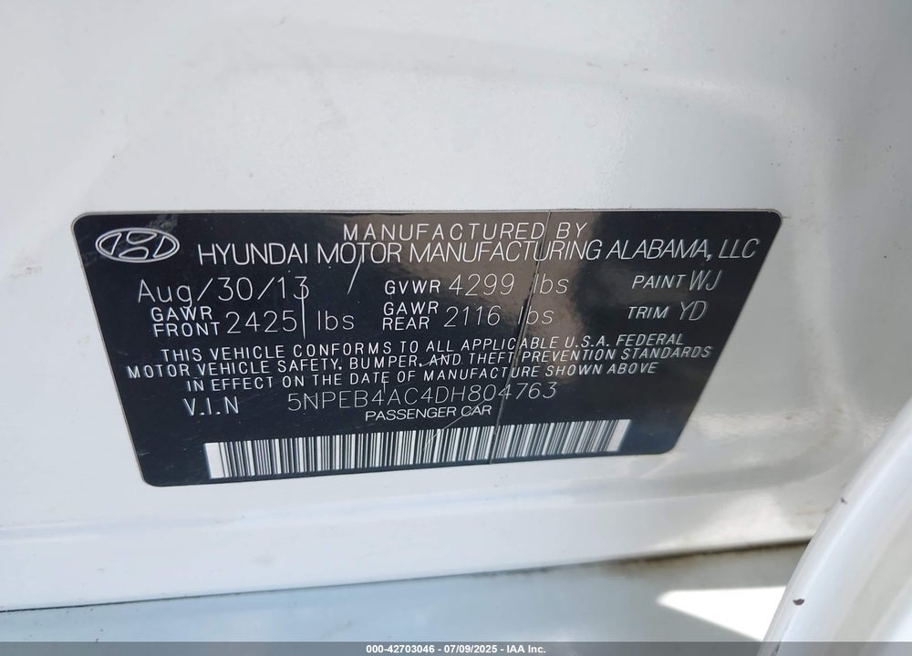 2013 HYUNDAI SONATA VIN: 5NPEB4AC4DH804763