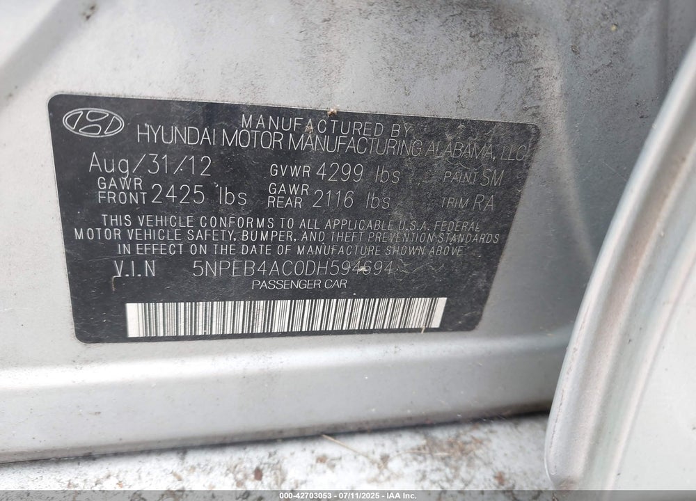2013 HYUNDAI SONATA VIN: 5NPEB4AC0DH594694