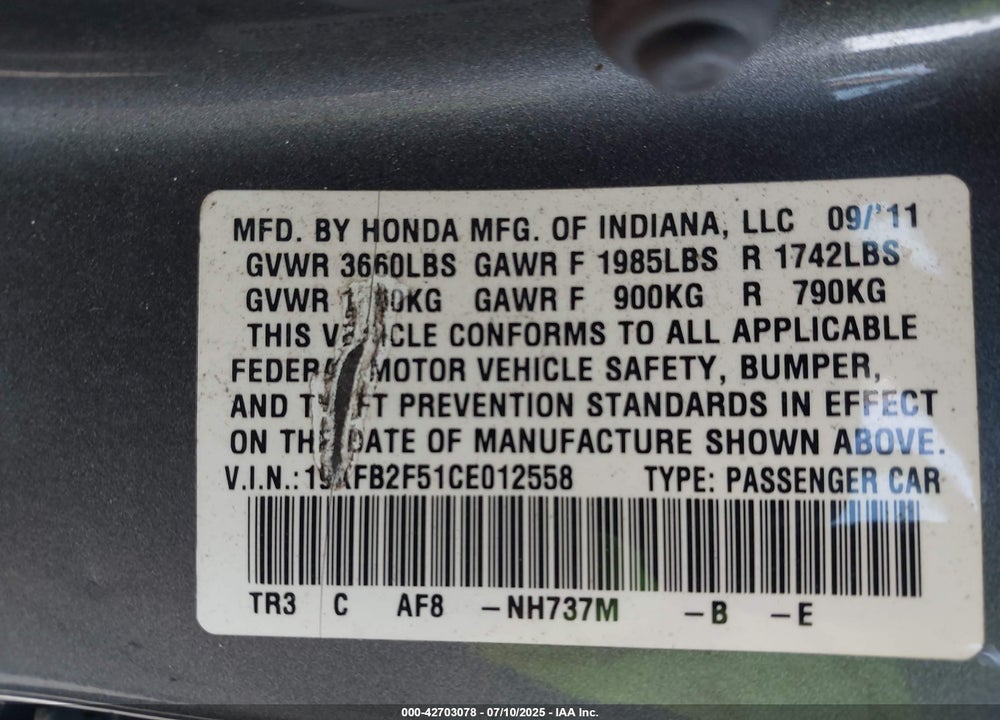 2012 HONDA CIVIC VIN: 19XFB2F51CE012558