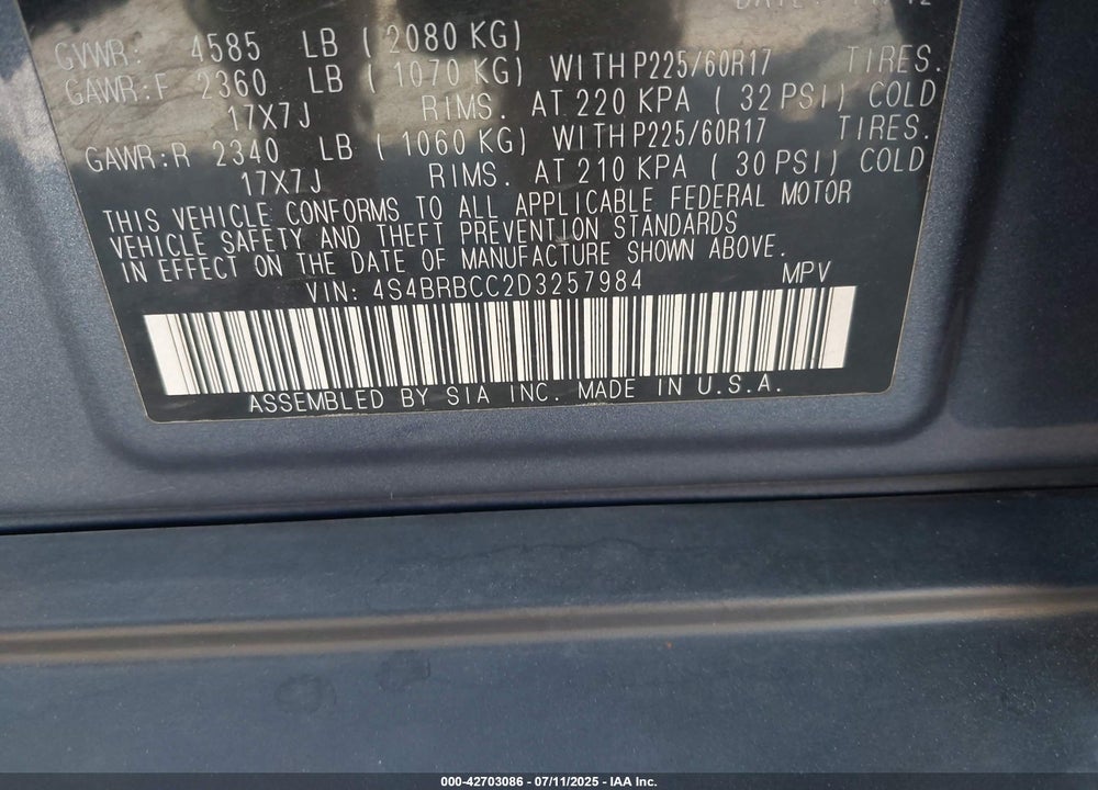 2013 SUBARU OUTBACK VIN: 4S4BRBCC2D3257984