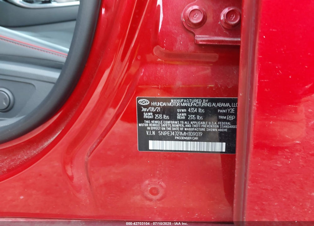 2021 HYUNDAI SONATA VIN: 5NPEJ4J21MH109019