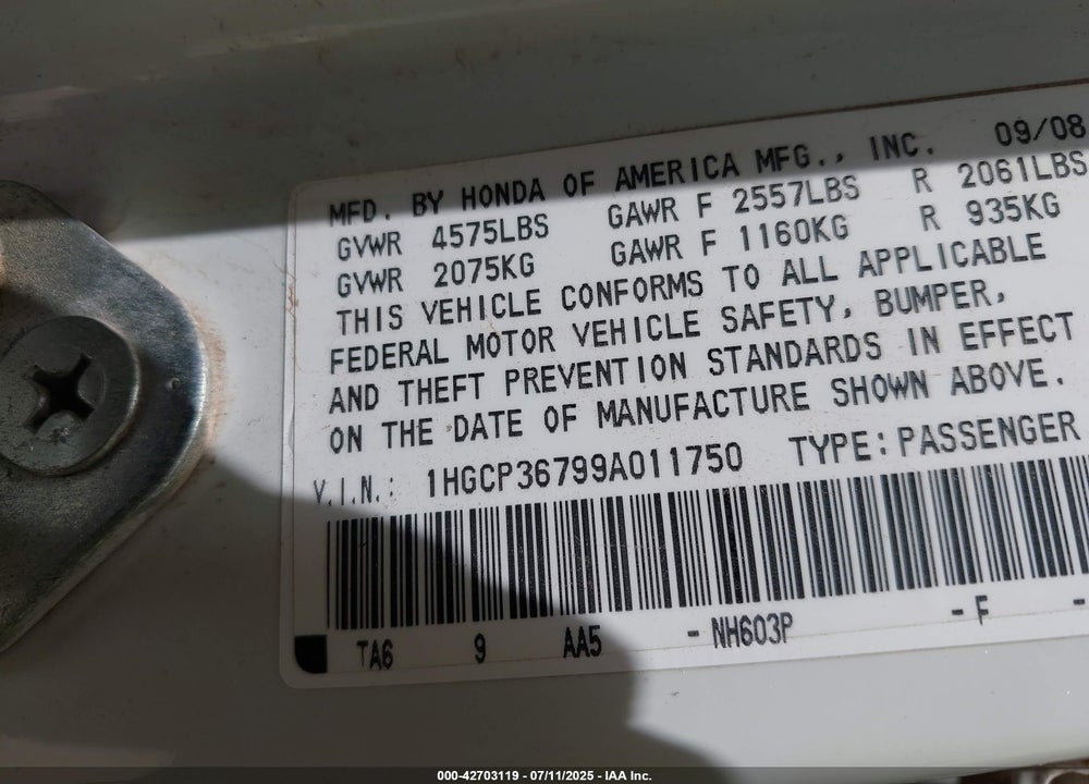 2009 HONDA ACCORD VIN: 1HGCP36799A011750