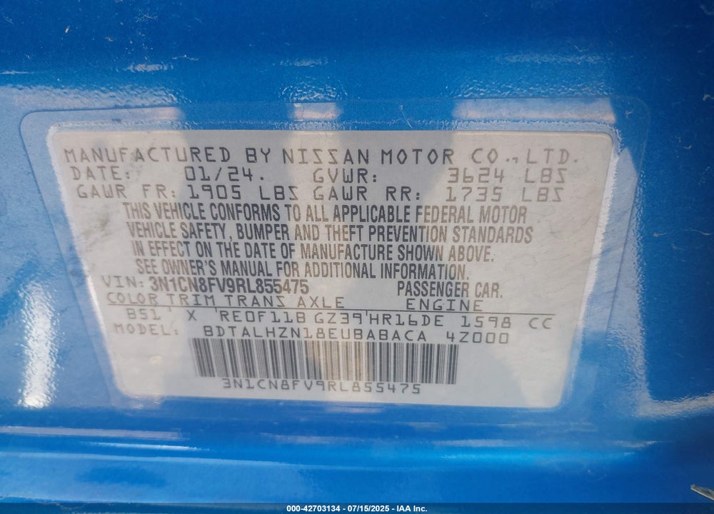 2024 NISSAN VERSA VIN: 3N1CN8FV9RL855475