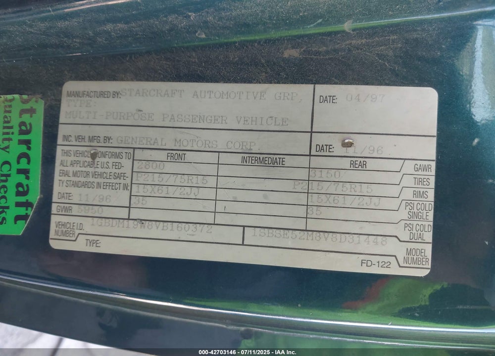 1997 CHEVROLET ASTRO UPFITTER PKG. VIN: 1GBDM19W8VB160372