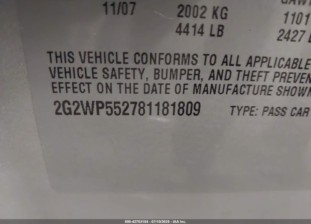 2008 PONTIAC GRAND PRIX VIN: 2G2WP552781181809