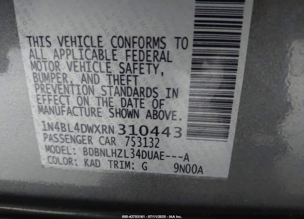 2024 NISSAN ALTIMA VIN: 1N4BL4DWXRN310443