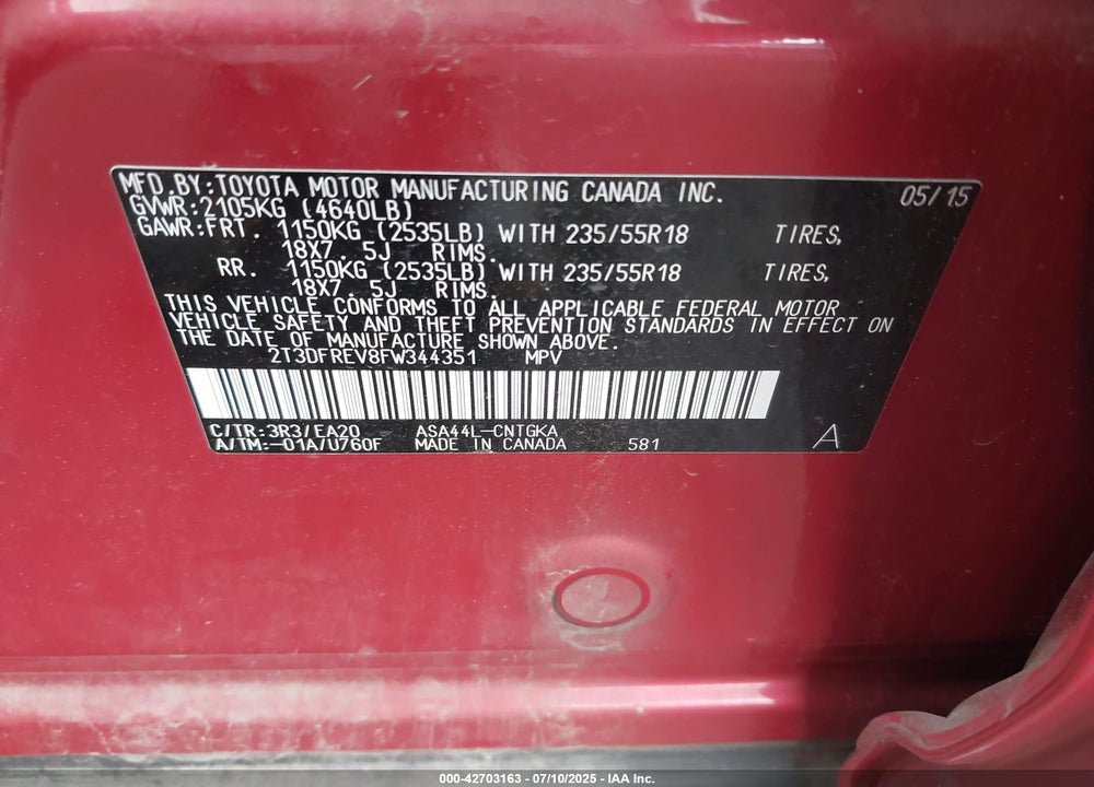 2015 TOYOTA RAV4 VIN: 2T3DFREV8FW344351