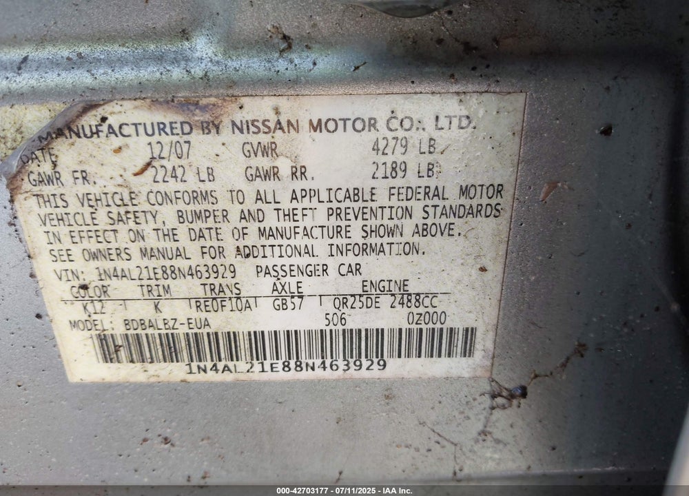 2008 NISSAN ALTIMA VIN: 1N4AL21E88N463929