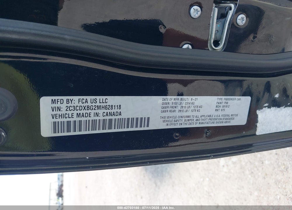 2021 DODGE CHARGER VIN: 2C3CDXBG2MH628118