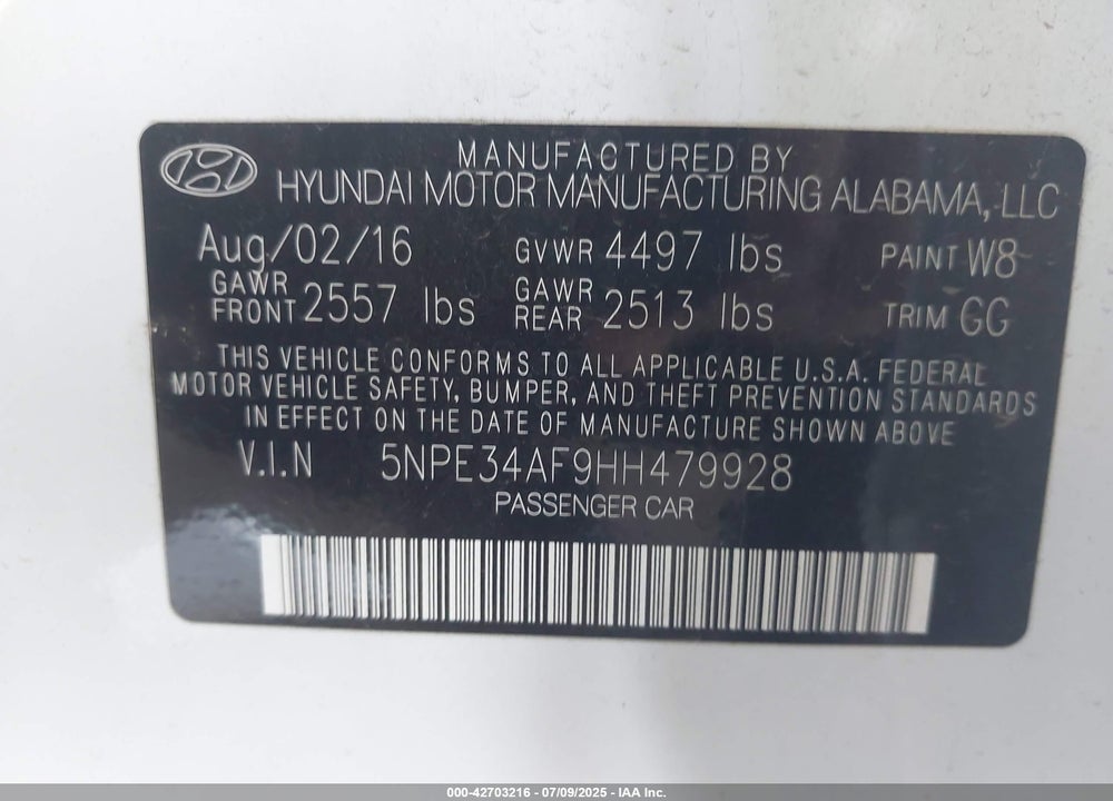 2017 HYUNDAI SONATA VIN: 5NPE34AF9HH479928