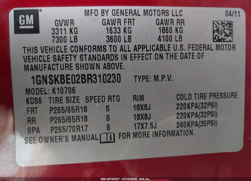 2011 CHEVROLET TAHOE VIN: 1GNSKBE02BR310230