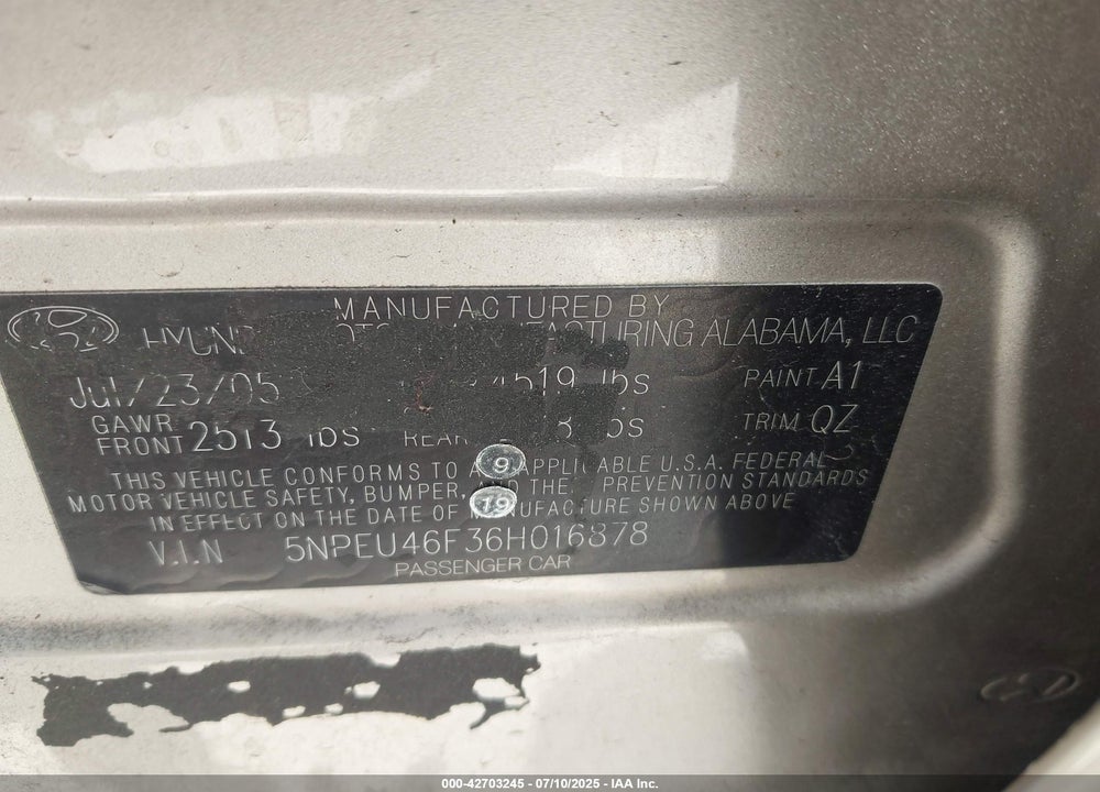 2006 HYUNDAI SONATA VIN: 5NPEU46F36H016878