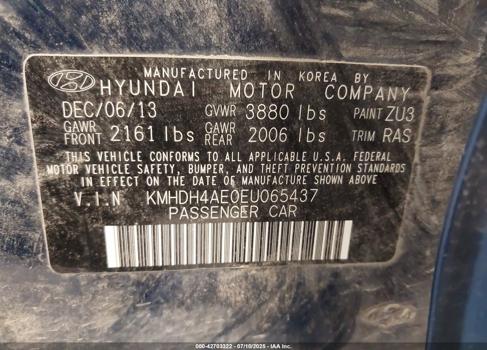 2014 HYUNDAI ELANTRA VIN: KMHDH4AE0EU065437