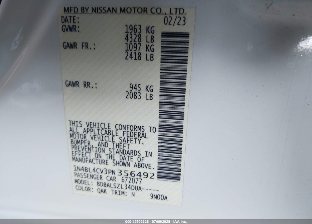 2023 NISSAN ALTIMA VIN: 1N4BL4CV3PN356492