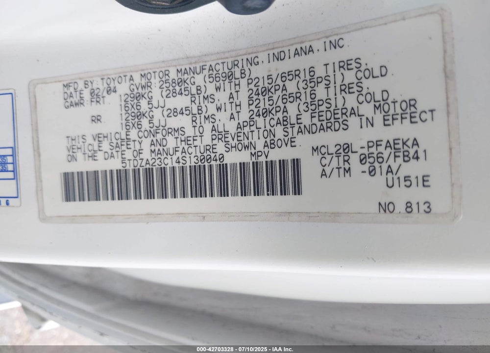 2004 TOYOTA SIENNA VIN: 5TDZA23C14S130040